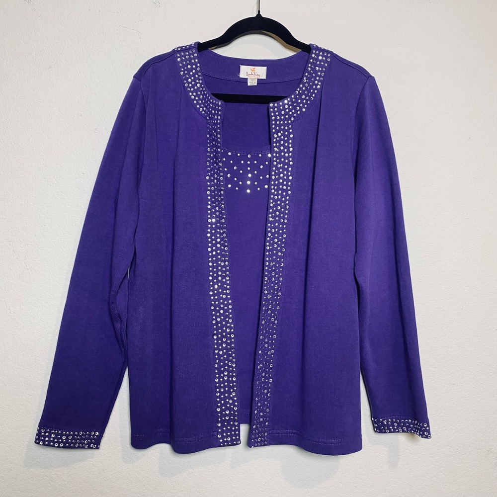 Quacker Factory Purple Tank Attached Cardigan Womens Large Embellished Sequin